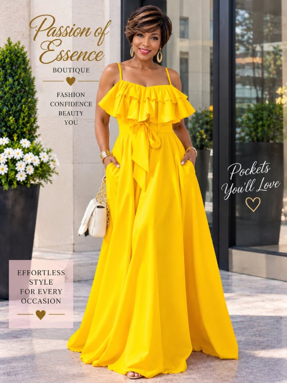 Yellow Ruffle Cami Maxi Dress Tie Waist Pockets